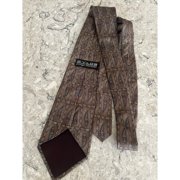 Zylos George Machado 100% Italian Silk Neck Tie Taupe Blue JL - Picture 3 of 8